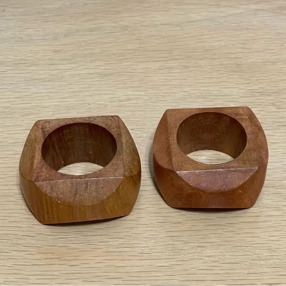 Vintage Artisan Crafted Wooden Geometric Shape Napkin Rings Rustic MCM Set of 2